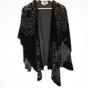 Vintage Womens Kimono Shawl OS Black Velvet Burnout Whimsigoth Goth Flowy Witchy